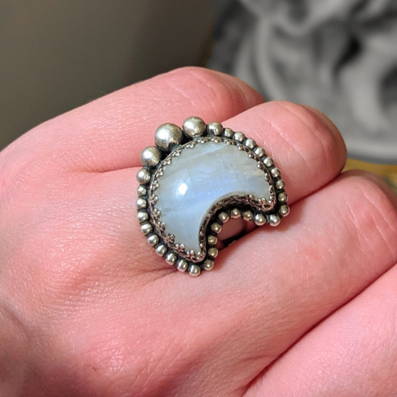 Sterling Silver Moonstone Crescent Moon Ring - Picture 2 of 10